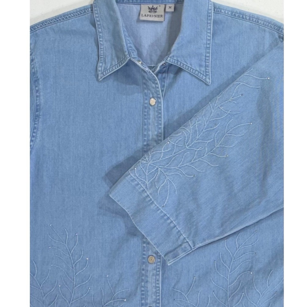 Lafei Nier Denim Button Down Medium Embroidered Rhinestones 3/4 Sleeve Cotton